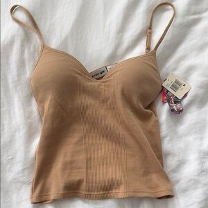 Tan Ribbed Camisole Top Y2K Vinatge 90s Built in Bra